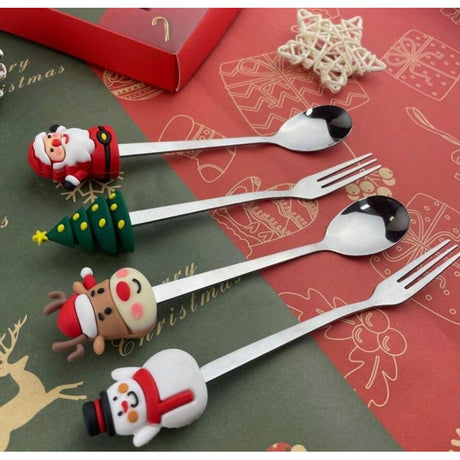 Set 4 Tacamuri, Cu Figurine De Craciun, Din Otel Inoxidabil, 2 Furculite, 2 Linguri, Cutie Festiva, 13.5 Cm - vivimall.ro