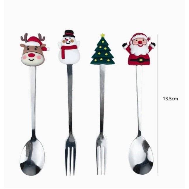 Set 4 Tacamuri, Cu Figurine De Craciun, Din Otel Inoxidabil, 2 Furculite, 2 Linguri, Cutie Festiva, 13.5 Cm - vivimall.ro
