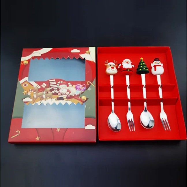 Set 4 Tacamuri, Cu Figurine De Craciun, Din Otel Inoxidabil, 2 Furculite, 2 Linguri, Cutie Festiva, 13.5 Cm - vivimall.ro