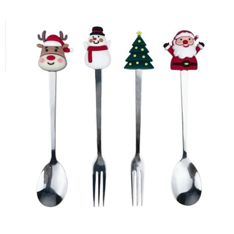 Set 4 Tacamuri, Cu Figurine De Craciun, Din Otel Inoxidabil, 2 Furculite, 2 Linguri, Cutie Festiva, 13.5 Cm - vivimall.ro