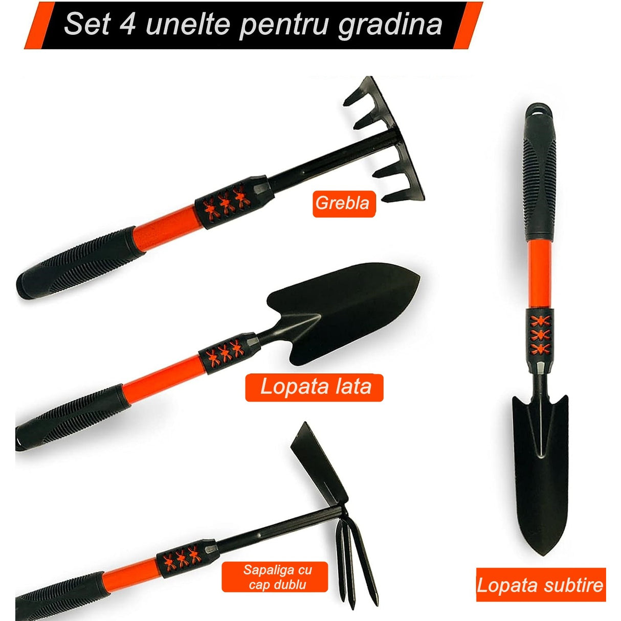 Set 4 Unelte De Gradina Maner Extensibil, Pentru Plantare Prelucrare Sol Si Ingrijire Plante, Material Otel Carbon, Negru - vivimall.ro