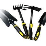 Set 4 Unelte De Gradina Pentru Plantare, Prelucrare Sol Si Ingrijire Plante, Material Pvc Carbon, Grebla, Sapaliga Cu Cap Dublu, Lopata Mica, Lopata Lata, 43 X 11 Cm, Negru/Galben - vivimall.ro