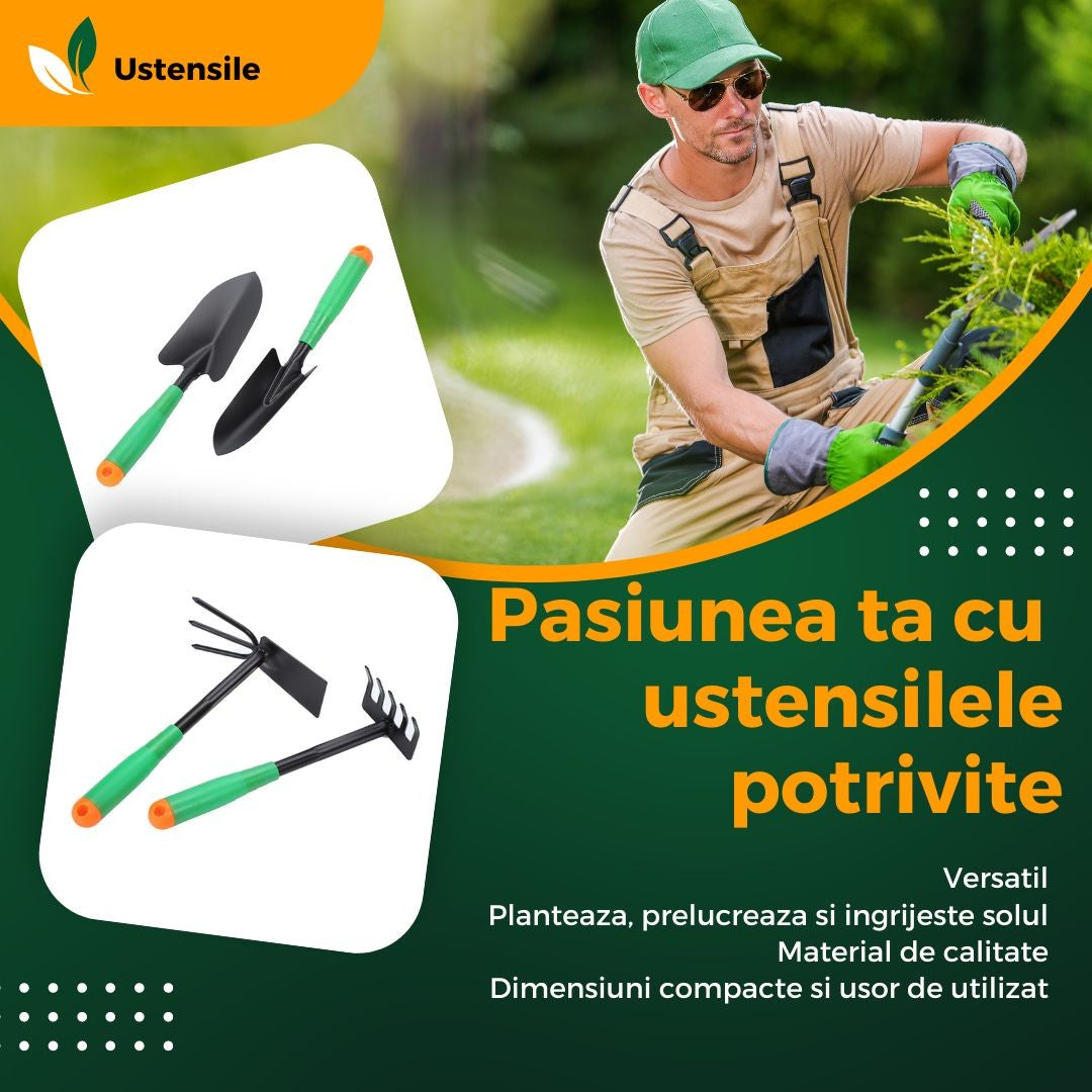 Set 4 Unelte De Gradina Pentru Plantare Prelucrare Sol Si Ingrijire Plante, Material Pvc Si Cardboard, Verde - vivimall.ro