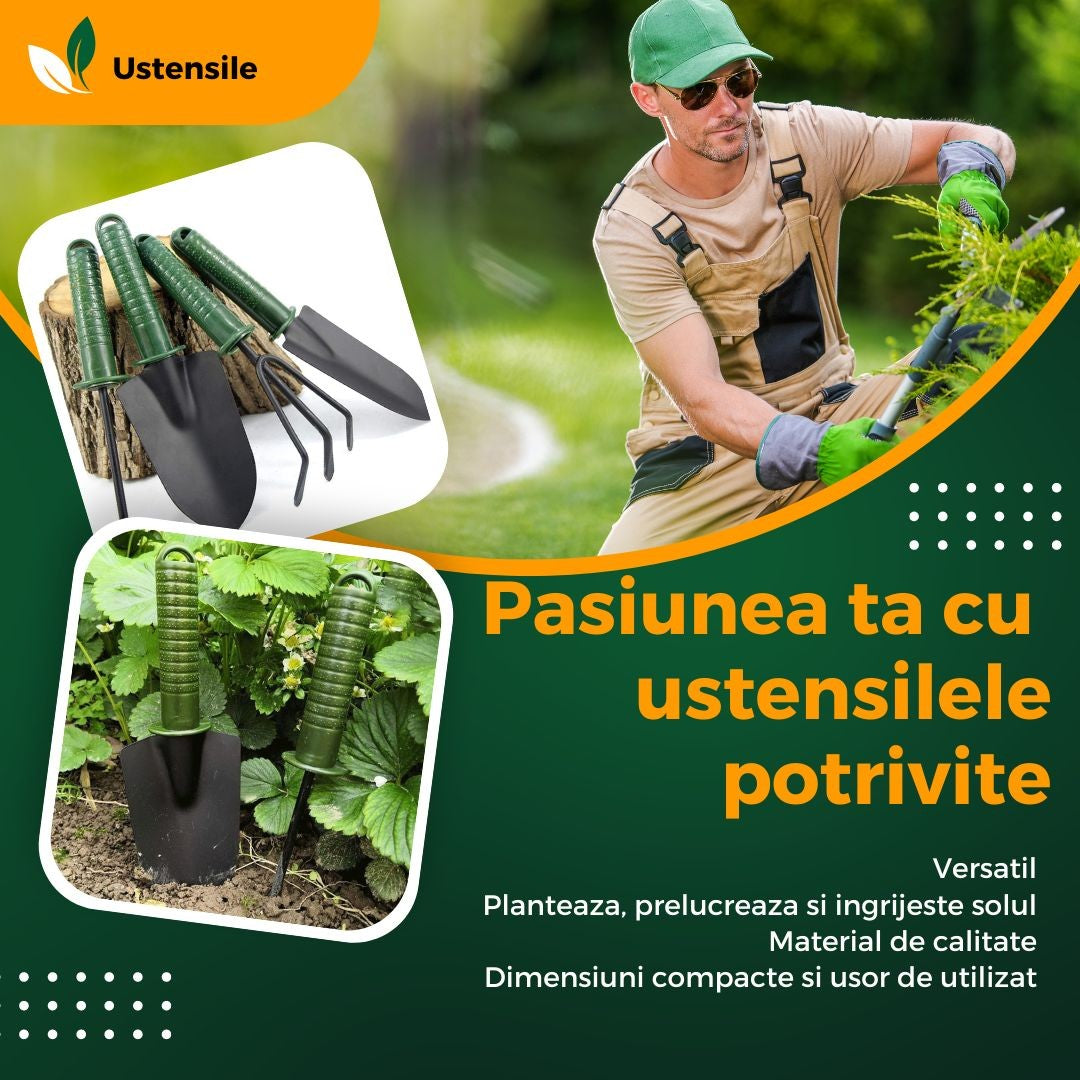 Set 4 Unelte De Gradina Pentru Plantare Prelucrare Sol Si Ingrijire Plante, Material Pvc Si Cardboard, Verde - vivimall.ro