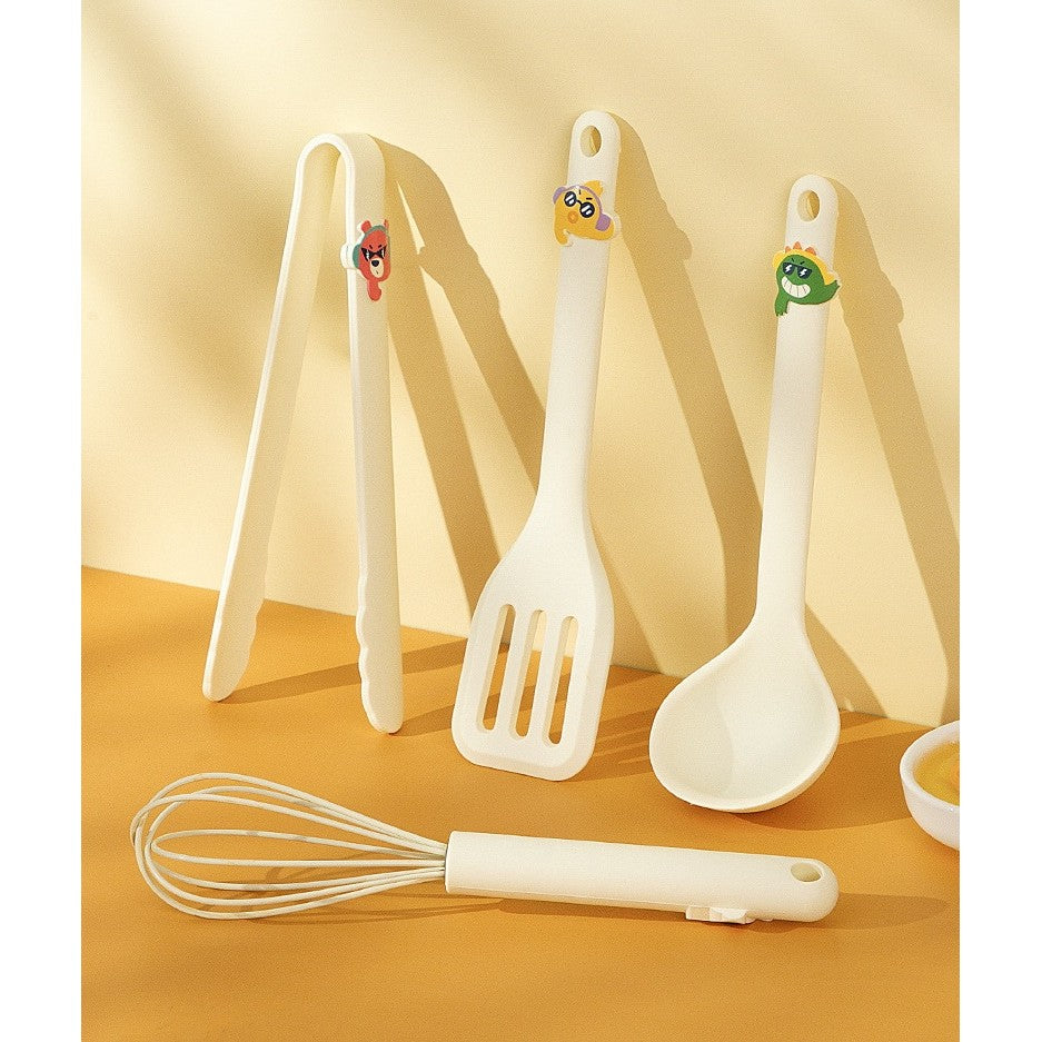 Set 4 Ustensile De Bucatarie, Pentru Copii, Din Silicon, Termorezistente, Design Animat, 13 X 24 X 5 Cm, Bej - vivimall.ro