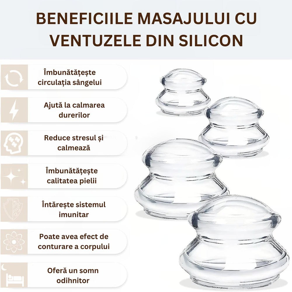 Set 4 Ventuze de Cupping, Flippy, Pentru Masaj Anticeluluitic, din Silicon, Alb Transparent