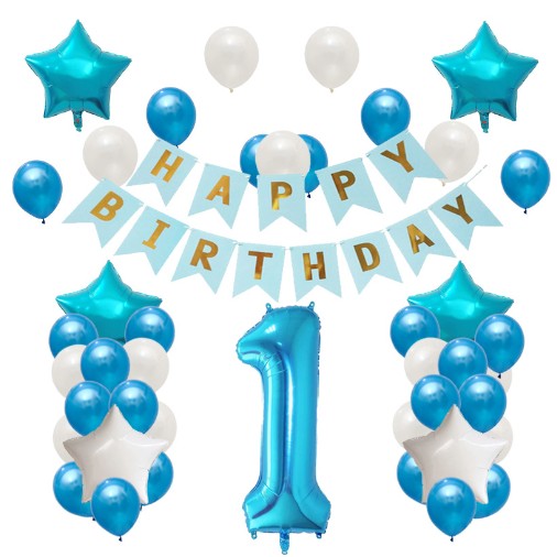 Set Baloane Aniversare Happy Birthday, Set Din 42 Bucati, 1 Bucata Cifra Mare, 4 Stele Din Folie Aluminiu, 37 Simple Din Latex, Baby Boy, 60 Cm - vivimall.ro