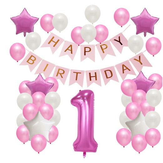 Set Baloane Aniversare Happy Birthday, Set Din 42 Bucati, 1 Bucata Cifra Mare, 4 Stele Din Folie Aluminiu, 37 Simple Din Latex, Baby Girl, 60 Cm - vivimall.ro