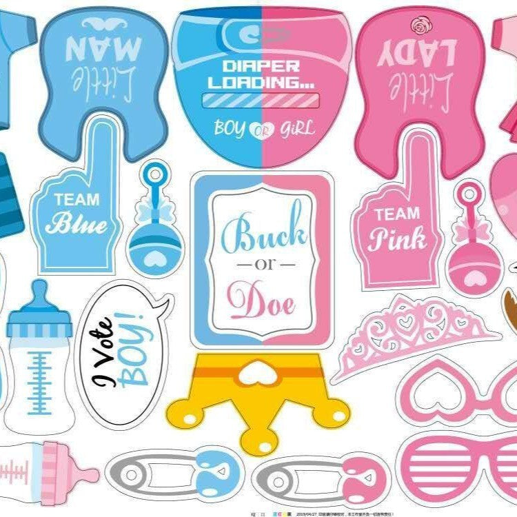 Set 30 de Accesorii pentru Petrecere, Vivimall, Props pentru Coltul de Poze, Gender Reveal, Tematica Baby Shower, Albastru-Roz - vivimall.ro