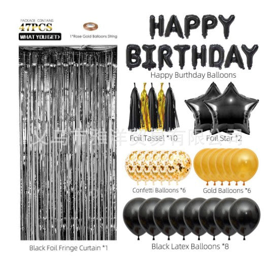 Set 47 Baloane, 10 Ciucuri, 2 Baloane Stea Folie, 6 Baloane Latex Confetti, 6 Baloane E Latex, 8 Baloane Negre Latex, 1 Perdea Praty Folie, Litere Happy Birthday, Auriu/Negru - vivimall.ro