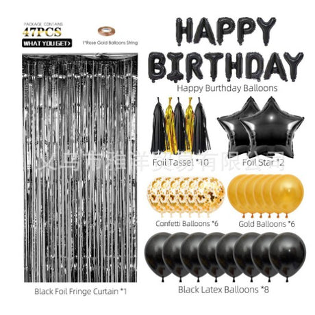 Set 47 Baloane, 10 Ciucuri, 2 Baloane Stea Folie, 6 Baloane Latex Confetti, 6 Baloane E Latex, 8 Baloane Negre Latex, 1 Perdea Praty Folie, Litere Happy Birthday, Auriu/Negru - vivimall.ro