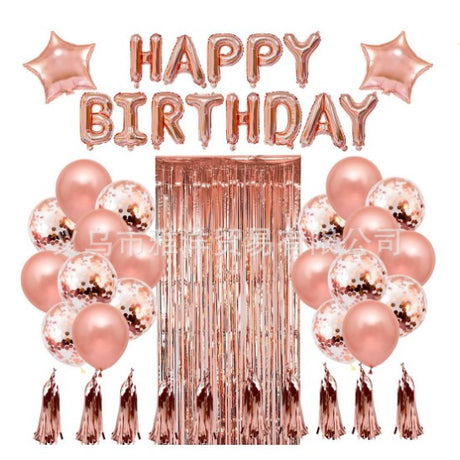 Set 47 Baloane, 10 Ciucuri, 2 Baloane Stea Folie, 6 Baloane Latex Confetti, 6 Baloane E Latex, 8 Baloane Negre Latex, 1 Perdea Praty Folie, Litere Happy Birthday, Rose - vivimall.ro