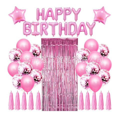 Set 47 Baloane, 10 Ciucuri, 2 Baloane Stea Folie, 6 Baloane Latex Confetti, 6 Baloane E Latex, 8 Baloane Negre Latex, 1 Perdea Praty Folie, Litere Happy Birthday, Roz - vivimall.ro