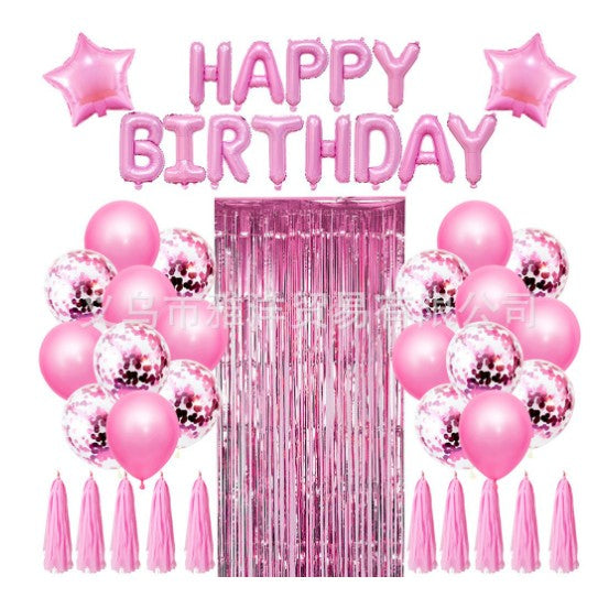 Set 47 Baloane, 10 Ciucuri, 2 Baloane Stea Folie, 6 Baloane Latex Confetti, 6 Baloane E Latex, 8 Baloane Negre Latex, 1 Perdea Praty Folie, Litere Happy Birthday, Roz - vivimall.ro
