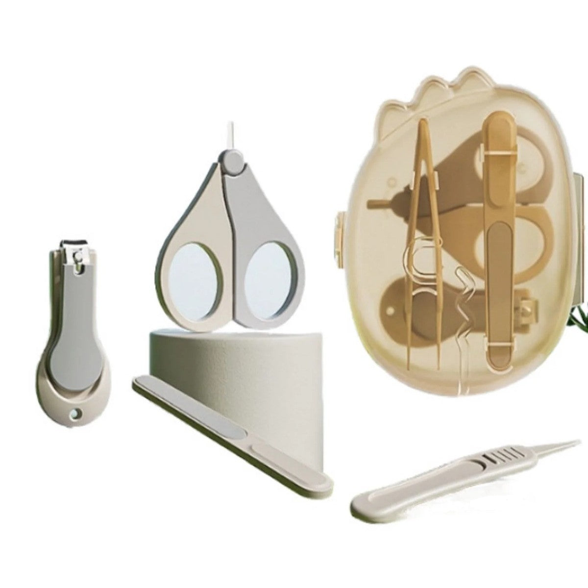 Set 4in1 de Ingrijire Unghii pentru Bebelusi, Vivimall, Cutie de Depozitare Dinozaur Transparent, 0-6 Ani, 11.5 x 9 x 3 cm, Bej