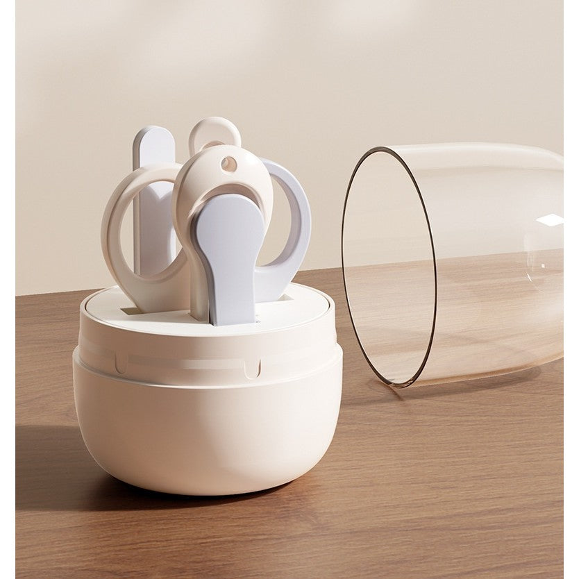 Set 4in1 de Ingrijire Unghii pentru Bebelusi, Flippy, Cutie de Depozitare Tip Borcan, 0-6 Ani, 10 x 7 x 6 cm, Alb/Gri