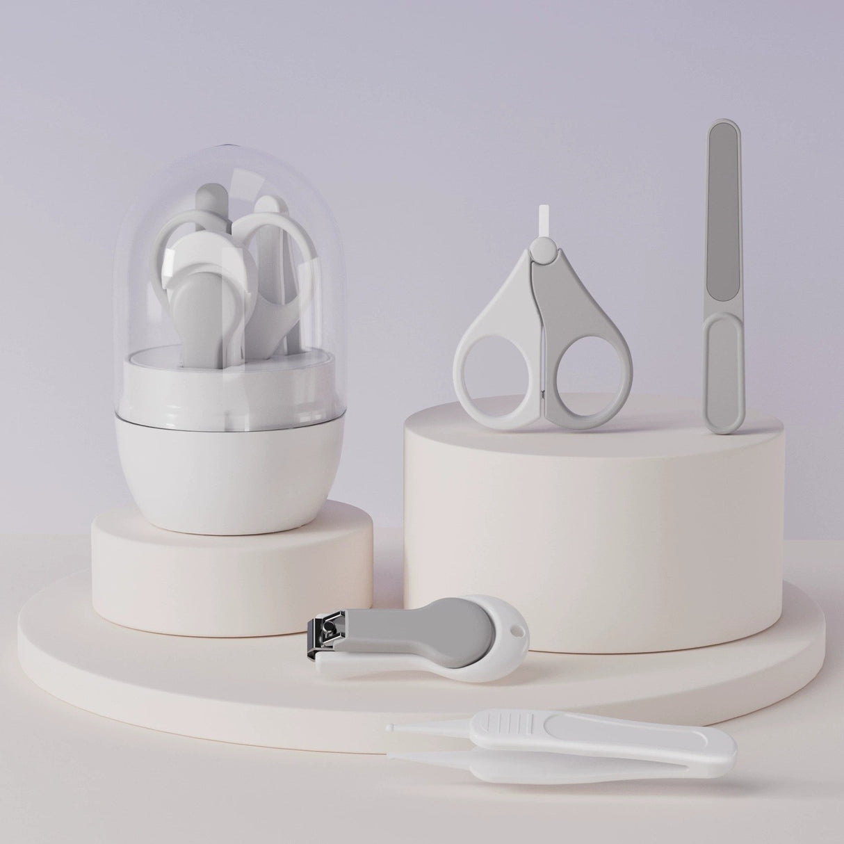 Set 4in1 de Ingrijire Unghii pentru Bebelusi, Flippy, Cutie de Depozitare Tip Borcan, 0-6 Ani, 10 x 7 x 6 cm, Alb/Gri