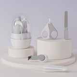 Set 4in1 de Ingrijire Unghii pentru Bebelusi, Flippy, Cutie de Depozitare Tip Borcan, 0-6 Ani, 10 x 7 x 6 cm, Alb/Gri