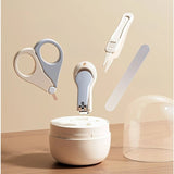 Set 4in1 de Ingrijire Unghii pentru Bebelusi, Flippy, Cutie de Depozitare Tip Borcan, 0-6 Ani, 10 x 7 x 6 cm, Alb/Gri