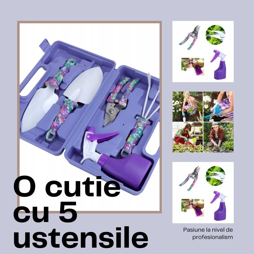 Set 5 Accesorii Pentru Gradinarit Geanta Depozitare Inclusa, Otel Inoxidabil, Verde - vivimall.ro