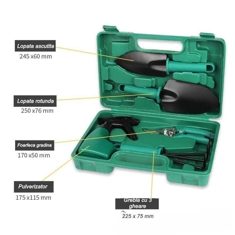 Set 5 Accesorii Pentru Gradinarit Geanta Depozitare Inclusa, Otel Inoxidabil, Verde - vivimall.ro