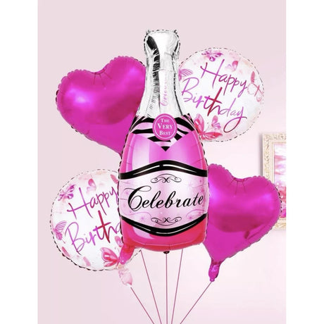 Set 5 Baloane Din Folie Metalizata, Figurine Sticla De Sampanie, Tema Aniversare, Pai Inclus, Ambalaj Individual, Umflare Cu Aer Sau Heliu - vivimall.ro