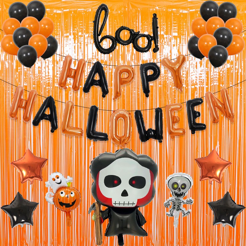 Set 5 Baloane din Folie Metalizata, Flippy, Figurine, Tema Halloween, Pai Inclus, Ambalaj Individual, Umflare cu Aer sau Heliu, Figurina Craniu 50.5x74 cm, Stelute si Cerculete 45 cm, Alb-Negru