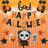 Set 5 Baloane din Folie Metalizata, Flippy, Figurine, Tema Halloween, Pai Inclus, Ambalaj Individual, Umflare cu Aer sau Heliu, Figurina Craniu 50.5x74 cm, Stelute si Cerculete 45 cm, Alb-Negru