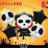 Set 5 Baloane din Folie Metalizata, Flippy, Figurine, Tema Halloween, Pai Inclus, Ambalaj Individual, Umflare cu Aer sau Heliu, Figurina Craniu 50.5x74 cm, Stelute si Cerculete 45 cm, Alb-Negru