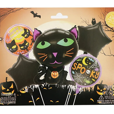 Set 5 Baloane din Folie Metalizata, Flippy, Figurine, Tema Halloween, Pai Inclus, Ambalaj Individual, Umflare cu Aer sau Heliu, Figurina Pisica 65x49 cm, Stelute si Cerculete 45 cm, Negru
