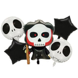 Set 5 Baloane din Folie Metalizata, Flippy, Figurine, Tema Halloween, Pai Inclus, Ambalaj Individual, Umflare cu Aer sau Heliu, Figurina Craniu 50.5x74 cm, Stelute si Cerculete 45 cm, Alb-Negru