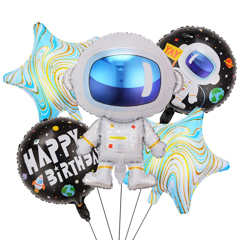 Baloane, Set Din 5 Baloane, 1 Astronaut, 2 Stele, 2 Rotunde, Din Folie De Aluminiu, Adeziv Si Pai Incluse