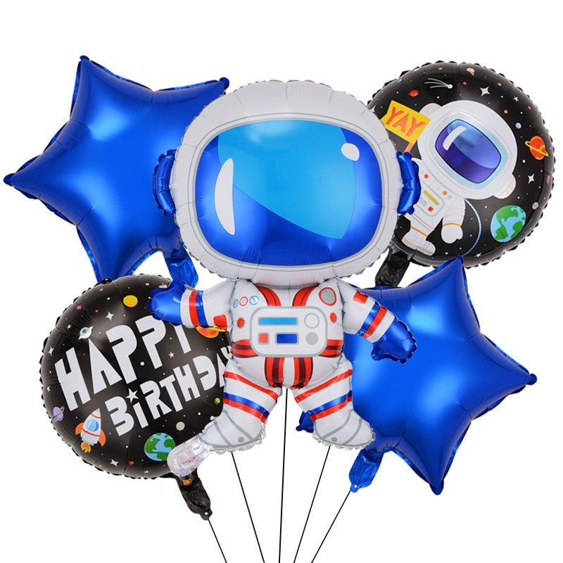 Set 5 Baloane Din Folie Metalizata Happy Birthday, Figurina, Stelute Albastre, Adeziv Si Pai Incluse, Inchis