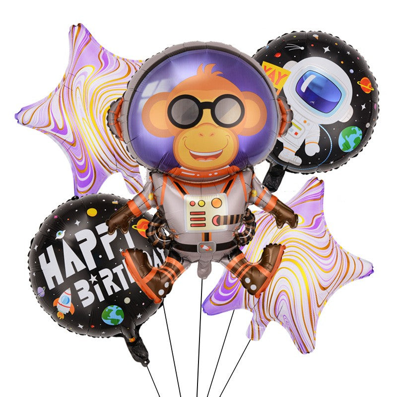 Baloane, Set Din 5 Baloane, 1 Maimutica Astronaut, 2 Stele, 2 Rotunde, Din Folie De Aluminiu, Adeziv Si Pai Incluse