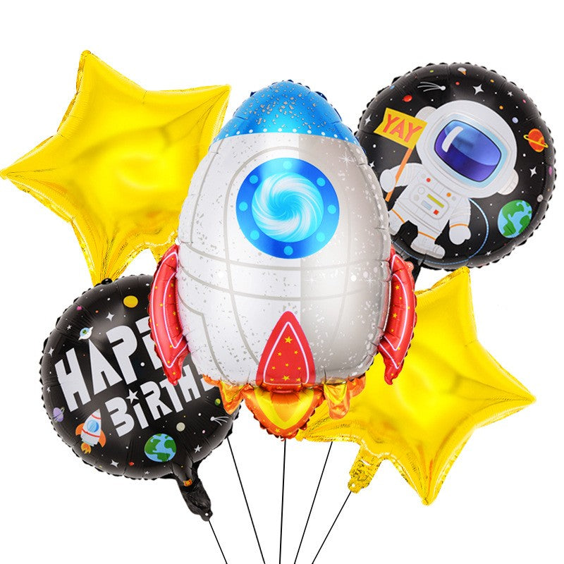 Set 5 Baloane Din Folie Metalizata Happy Birthday, Figurina, Stelute E, Adeziv Si Pai Incluse, Alb