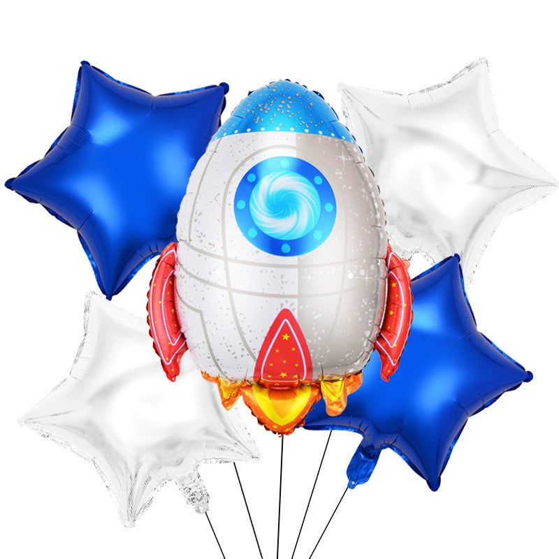 Set 5 Baloane Din Folie Metalizata Happy Birthday, Figurina, Stelute Albastre, Adeziv Si Pai Incluse, Alb