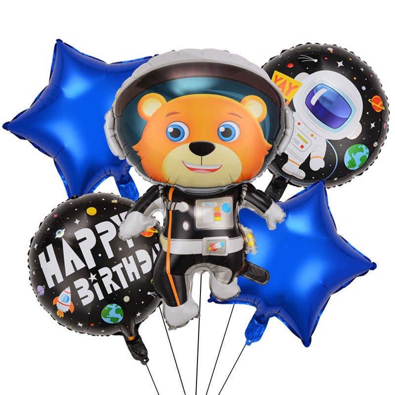 Set 5 Baloane Din Folie Metalizata Happy Birthday, Figurina, Stelute Albastre, Adeziv Si Pai Incluse