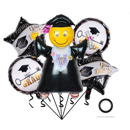 Baloane Cu Tematica Absolvire, Set Din 5 Baloane, 1 Figurina Absolventa, 2 Stele, 2 Rotunde, Din Folie De Aluminiu, Aer Si Heliu, Alb