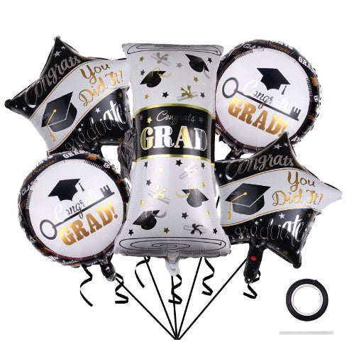 Baloane cu tematica Absolvire, Flippy, set din 5 baloane, 1 Figurina Diploma, 2 stele, 2 rotunde, din folie de aluminiu, 70 x 40 cm, Aer si Heliu, Alb Negru