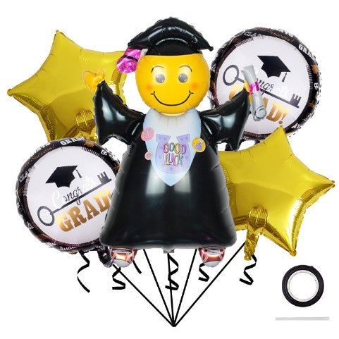 Baloane Cu Tematica Absolvire, Set Din 5 Baloane, 1 Figurina Absolventa, 2 Stele, 2 Rotunde, Din Folie De Aluminiu, Aer Si Heliu, Negru