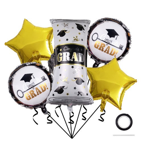 Baloane Cu Tematica Absolvire, Set Din 5 Baloane, 1 Figurina Diploma, 2 Stele, 2 Rotunde, Din Folie De Aluminiu, Aer Si Heliu, Negru