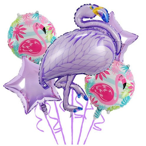 Baloane aniversare Flamingo Party, Flippy, din Folie de aluminiu si Latex, set din 5 baloane, 1 Flamingo, 2 Stele, 2 rotunde, 60 x 90 cm, Adeziv si pai inclus  Mov