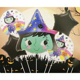Baloane Halloween, Flippy, set din 5 Baloane, 1 Little Witch Halloween, 2 stele negre, 2 baloane rotunde multicolore, din folie de aluminiu, 30- 40 cm, pai de carton inclus, Multicolor
