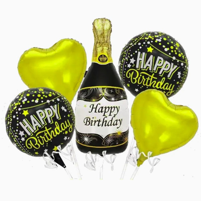 Baloane pentru aniversare, Flippy, tematica Happy Birthday, set 5 baloane, 1 Sticla Sampanie 103 x 94 cm, 2 inimi, 2 rotunde, din folie de aluminiu, pai de carton inclus, Negru Auriu