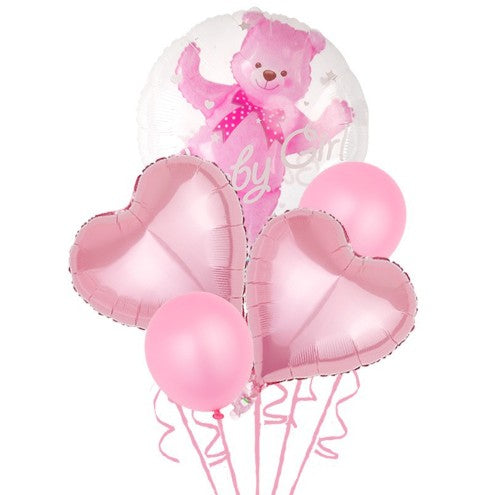 Set Baloane Aniversare, Set Din 5 Bucati, 1 Bucata Urs, 2 Inimi Folie, 2 Simple Din Latex Baby Girl, 60 Cm - vivimall.ro