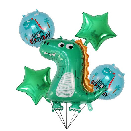 Set 5 Baloane Folie De Aluminiu, Figurina Dinozaur, Pentru Aniversare Hapyy Birthday, Stelute Verzi Si Baloane Astre, 50 - 70 Cm - vivimall.ro
