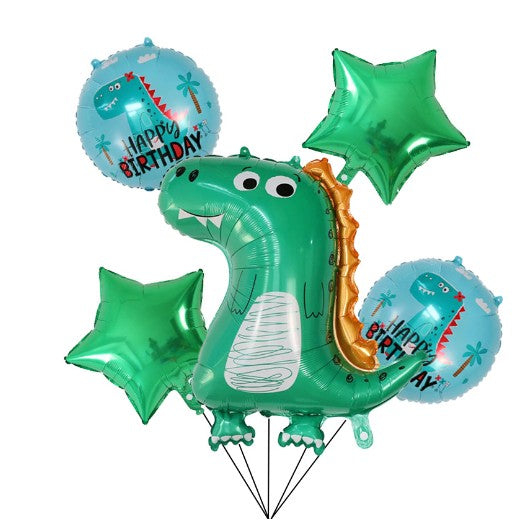 Set 5 Baloane Folie De Aluminiu, Figurina Dinozaur, Pentru Aniversare Hapyy Birthday, Stelute Verzi Si Baloane Astre, 50 - 70 Cm - vivimall.ro
