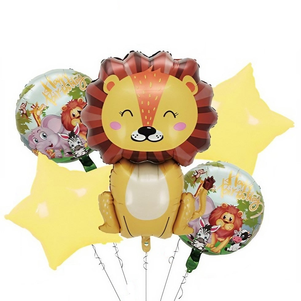 Set 5 Baloane Din Folie Metalizata, Figurine, Tema Aniversare Jungla, Pai Inclus, Ambalaj Individual, Umflare Cu Aer Sau Heliu, Figurina Leu, Stelute Si Cerculete 45 Cm