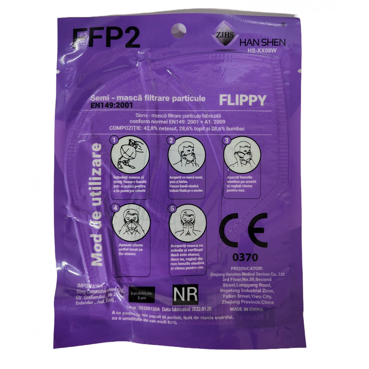 Set 5 bucati Masca de protectie faciala, Flippy, de unica folosinta pentru adulti, FFP2, KN95 CE 0370, 5 straturi, nesterila, ambalaj individual, Alb - vivimall.ro