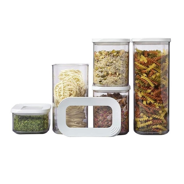 Set 5 Cutii de Depozitare Alimente, Vivimall, Capac Alb, din ABS+Silicon, 23 x 15 x 27 cm, Transparent - vivimall.ro